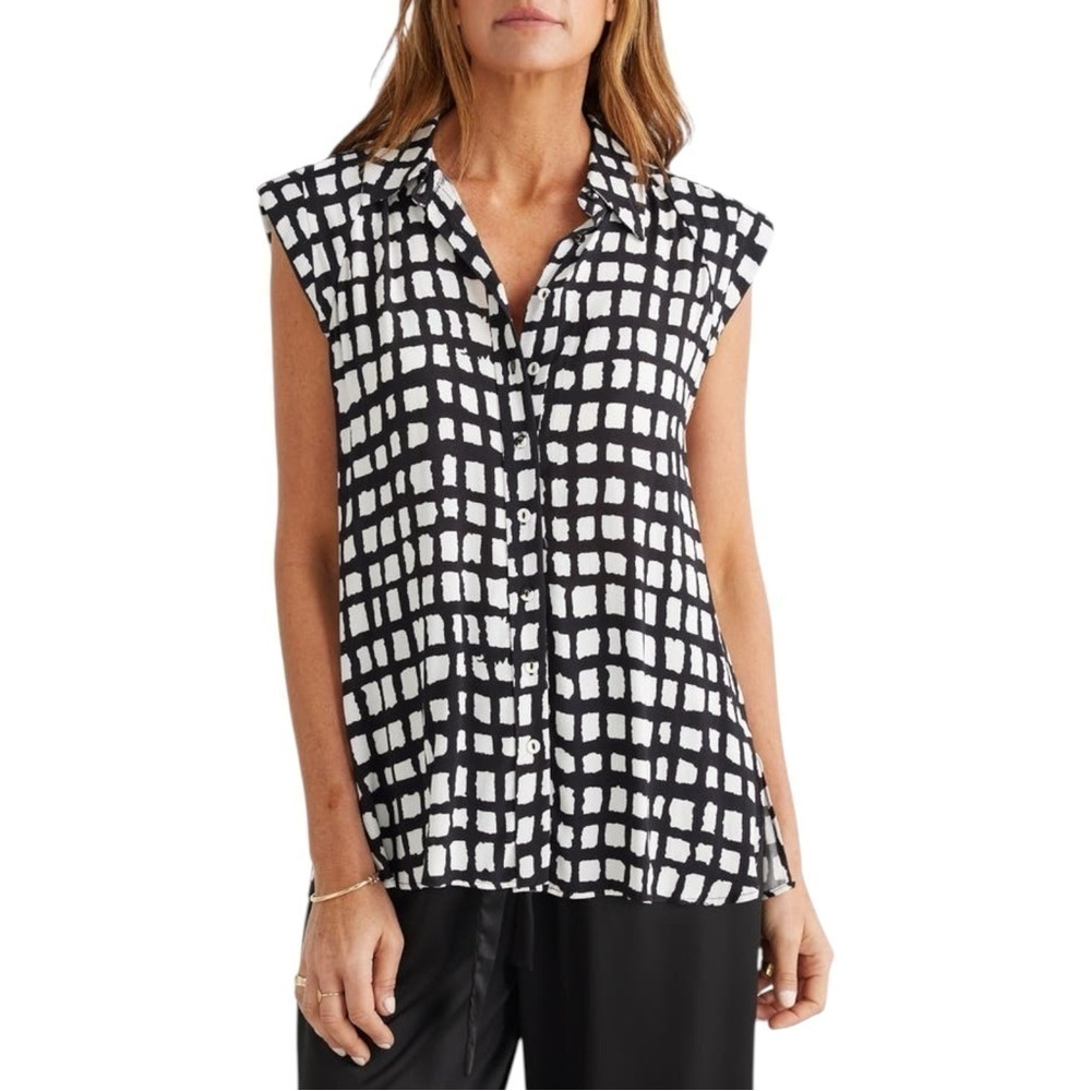 Sleeveless Blouse Black White Grid Print Button Down Collar Casual Top New SZ XS